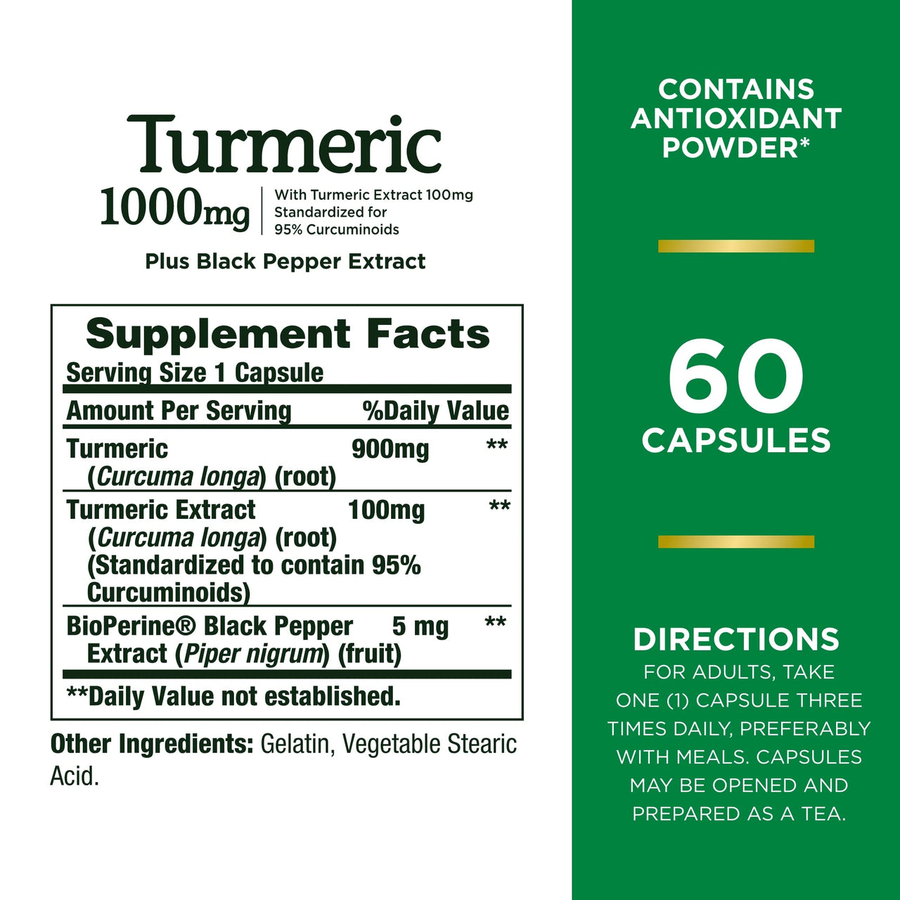 Nature's Bounty Turmeric with Black Pepper Extract, Supports Antioxidant Health, 1000mg, 60 Capsules