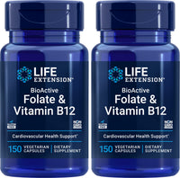 Thumbnail for Life Extension BioActive Folate & Vitamin B12, 150 Vegetarian Capsules (Pack of 2), Non GMO, Gluten Free