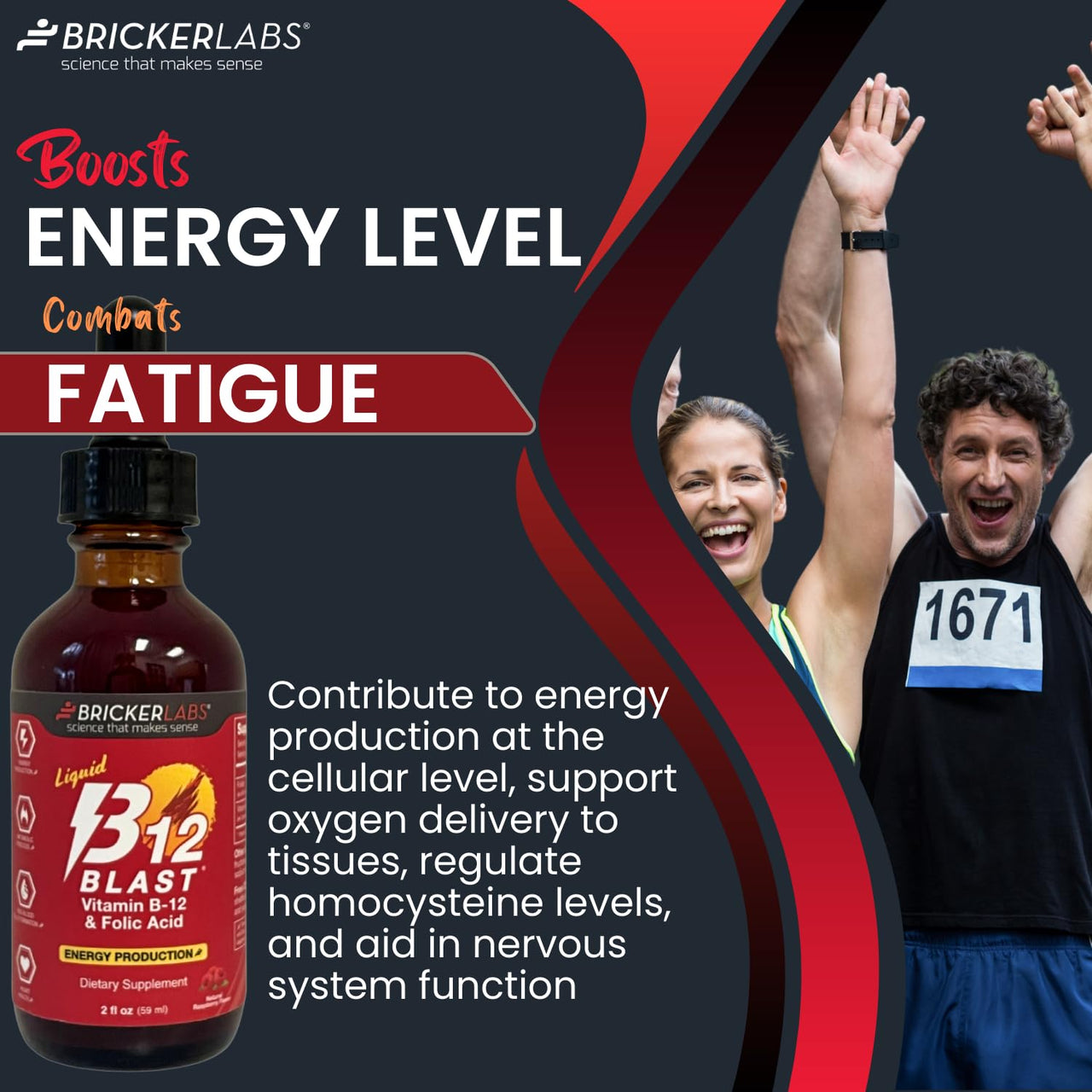 Bricker Labs B-12 Blast Liquid Vitamin B12 and Folic Acid Supplement, Support Energy Production, Great Tasting Liquid Vitamin B12 Dietary Supplement in Natural Raspberry Flavor, 2 fl oz Bottle