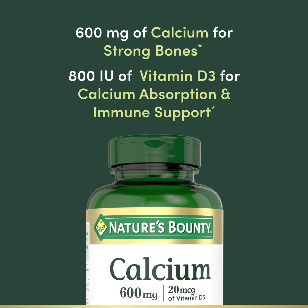 Nature's Bounty Calcium Carbonate & Vitamin D, Supports Immune Health & Bone Health, 600mg Calcium & 800IU Vitamin D3, 250 Tablets