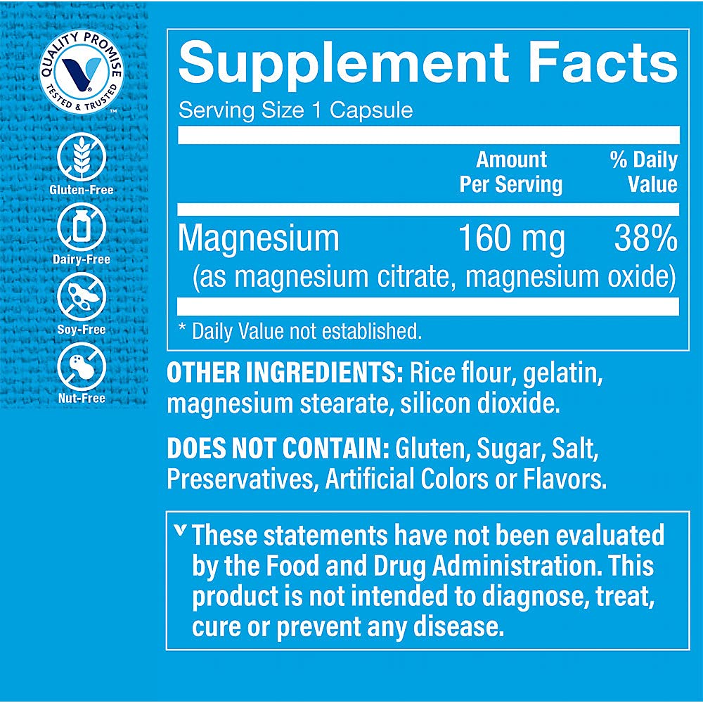 The Vitamin Shoppe Magnesium Citrate 160MG - Muscle Relaxation, Bone Health & Energy Production, Highly Absorbable (100 Capsules)