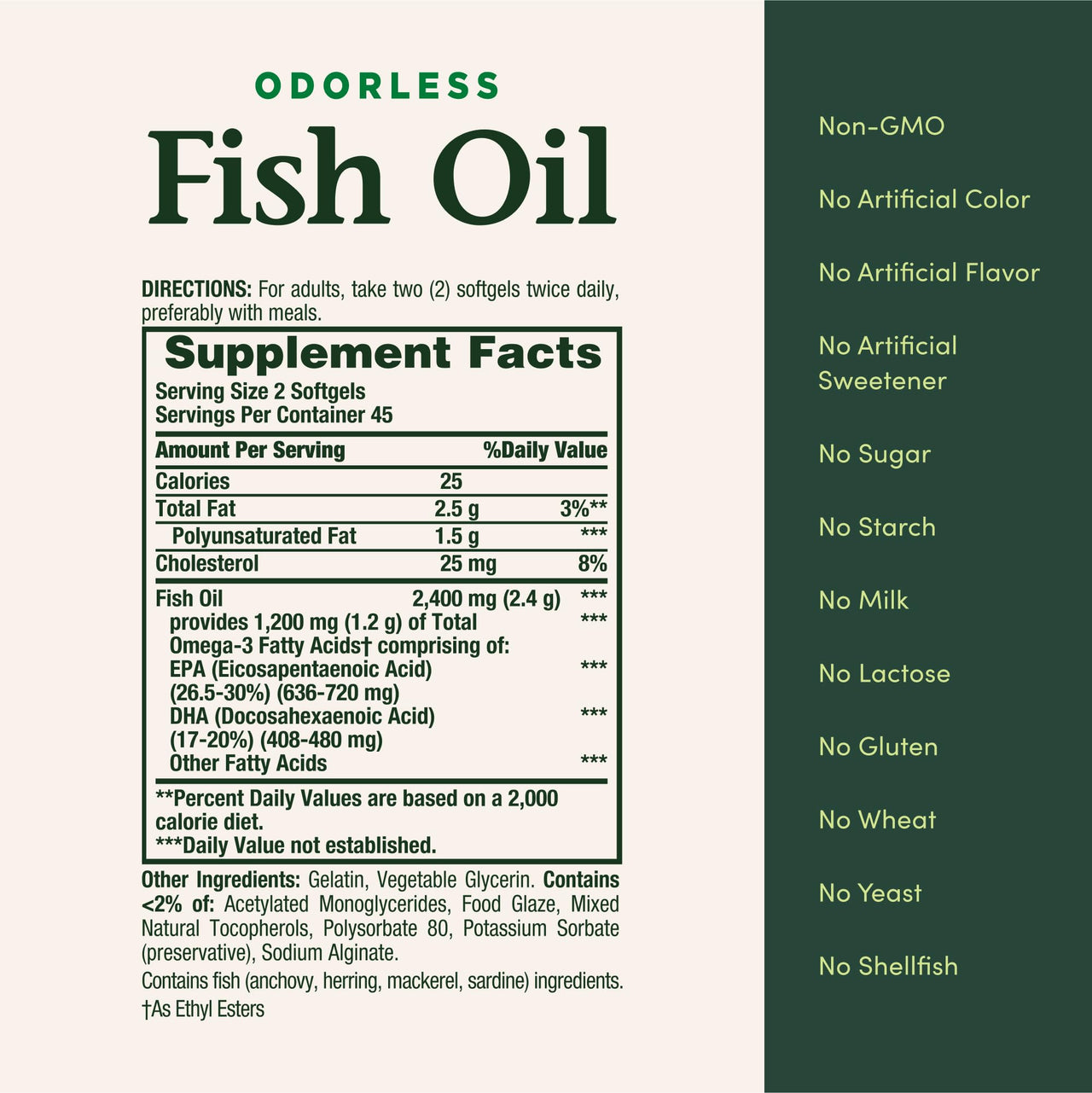Nature's Bounty Odorless Fish Oil, 1200mg Omega-3 per Serving Including EPA & DHA, Supports Heart Health, Purified to Eliminate Mercury, Coated Softgels, Gluten Free, No Shellfish, 90 Ct