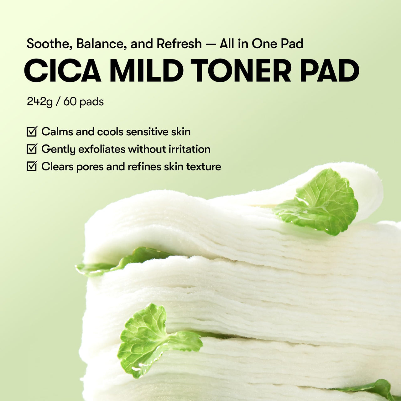 VT COSMETICS CICA Mild Toner Pad (60 Pads) - Exfoliating, Hydrating, Soothing, pH Balancing With BHA, Centella Asiatica Extract, Hyaluronic Acids for Daily Facial Use