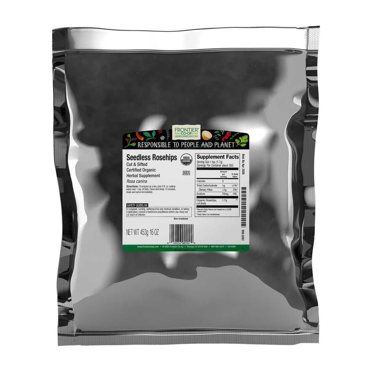 Frontier Co-op Organic Seedless Rosehips, Cut and Sifted - 100% Natural Dried Rose Hips for Rosehip Tea Organic, Powder, Oil - Kosher | 16 Ounce (Pack of 1)