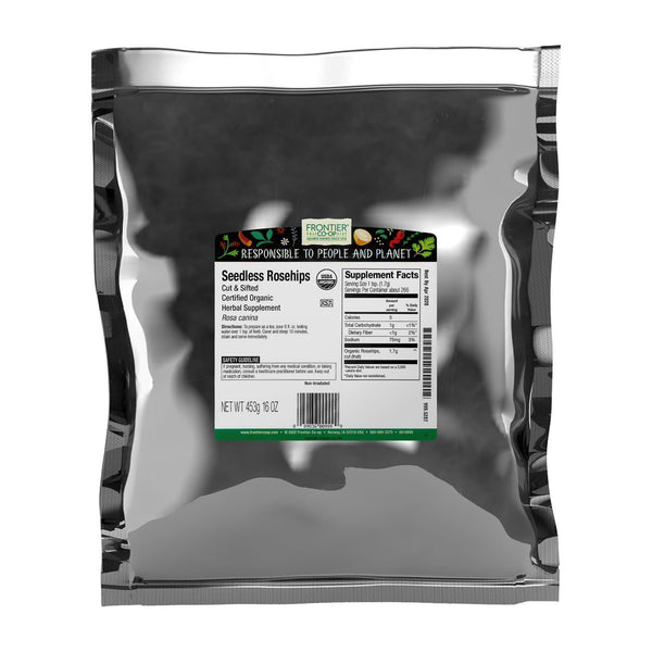 Frontier Co-op Organic Seedless Rosehips, Cut and Sifted - 100% Natural Dried Rose Hips for Rosehip Tea Organic, Powder, Oil - Kosher | 16 Ounce (Pack of 1)