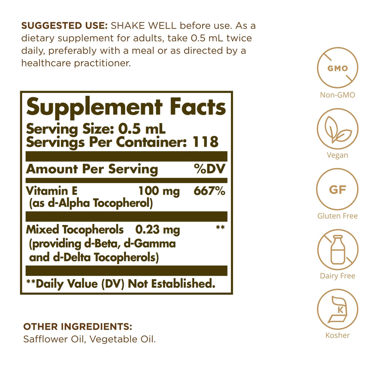 Solgar Liquid Vitamin E (with Dropper), 2 fl. oz. - Antioxidant, Skin & Immune Support, Overall Health - Natural, Liquid Vitamin E - Non-GMO, Vegan, Gluten Free, Dairy Free, Kosher - 118 Servings