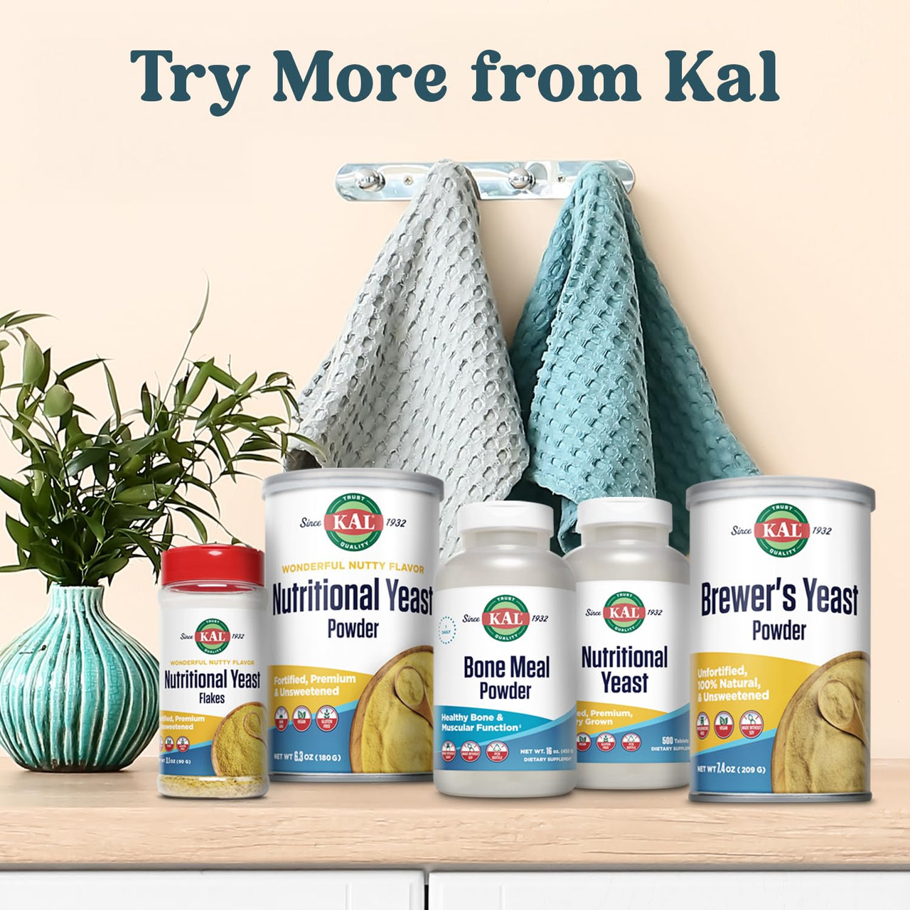 KAL Nutritional Yeast Flakes, Fortified with B12, Folic Acid & Other B Vitamins, Unsweetened, Great Nutty Flavor, Vegan & Gluten Free, 60-Day Money Back Guarantee, Made in The USA, 20 Servings, 3.1oz