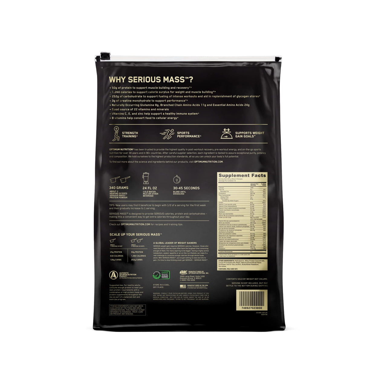 Optimum Nutrition Serious Mass Weight Gainer Protein Powder, Chocolate 12LB