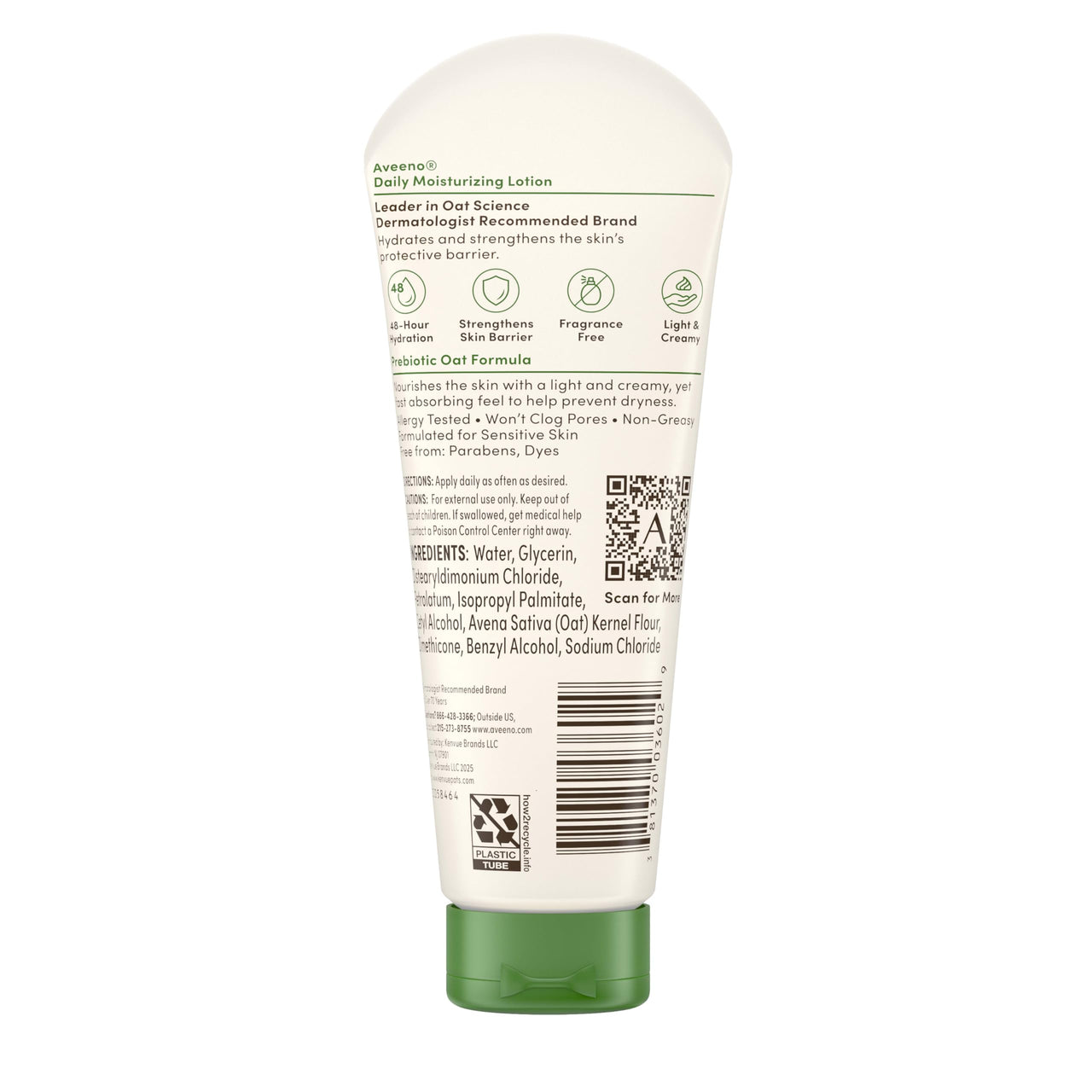 Aveeno Daily Moisturizing Body Lotion with Soothing Prebiotic Oat, Gentle Lotion Nourishes Dry Skin With Moisture, Paraben-, Dye- & Fragrance-Free, Non-Greasy & Non-Comedogenic, 2.5 fl. Oz