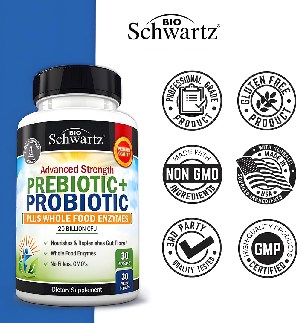 Advanced Prebiotics and Probiotics for Women & Men, Immune, Digestive & Gut Health with L. Reuteri, Inulin Fiber, Digestive Enzymes, Non-GMO, Gluten-Free, Dairy-Free, 30 Capsules