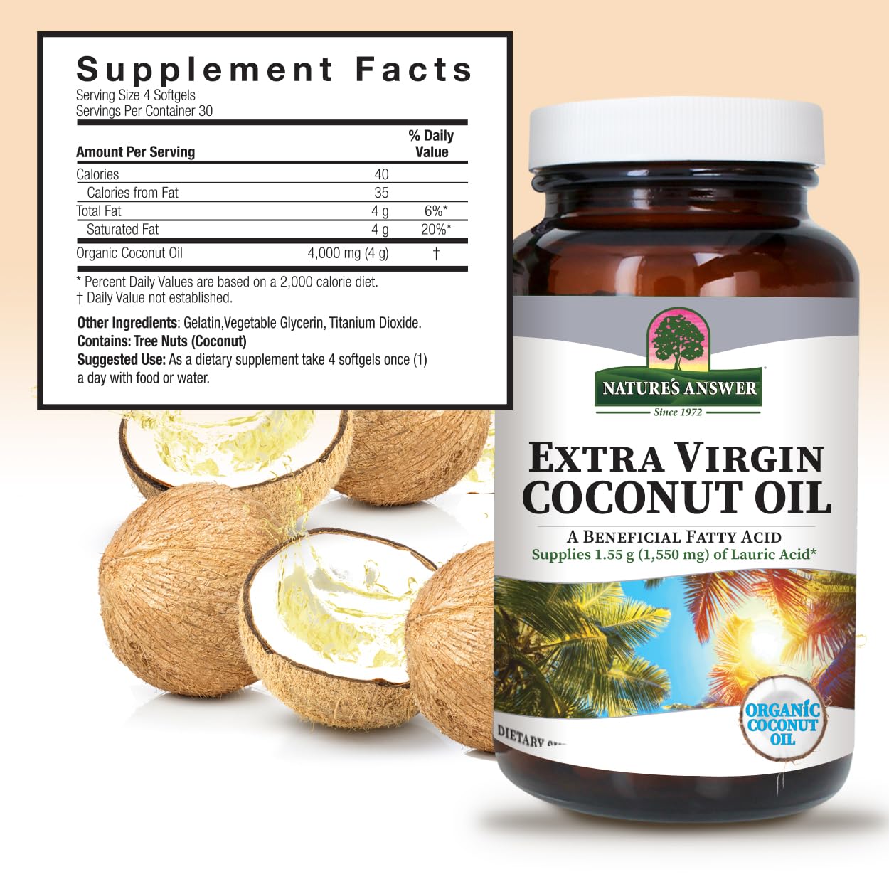Nature's Answer Extra Virgin Coconut Oil Softgels Organic Coconut Oil Multi-Purpose Non-GMO Ideal for For Hair Skin Body Moisturizer Gluten Free Paleo Friendly (120 Capsules)