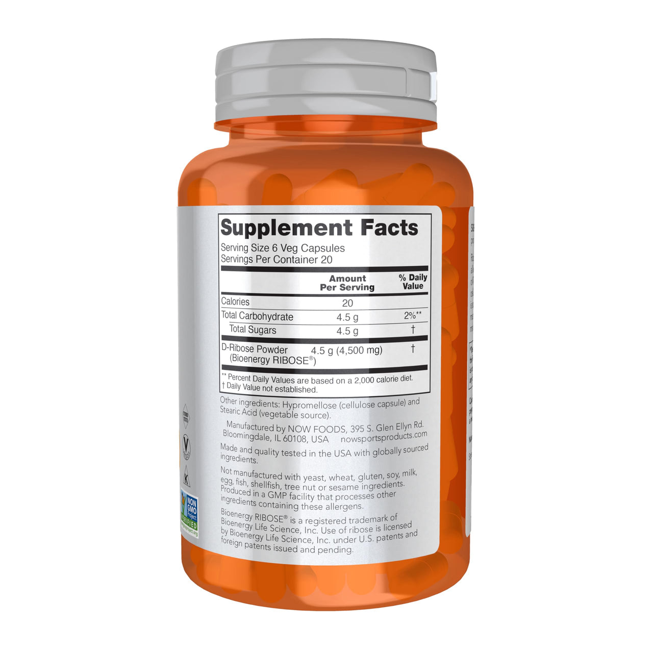 NOW Sports Nutrition, D-Ribose 750 mg, Certified Non-GMO, Energy Production*, 120 Veg Capsules