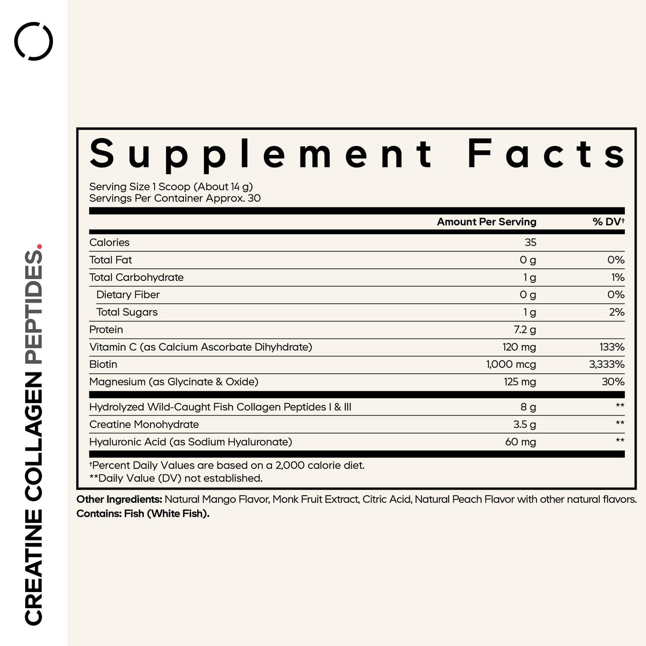Codeage Creatine Collagen Peptides - Creatine Monohydrate Powder Supplement, Wild-Caught Marine Collagen, Biotin, Magnesium, Vitamin C, Hyaluronic Acid - Mango Flavored - Non-GMO - 15 Oz
