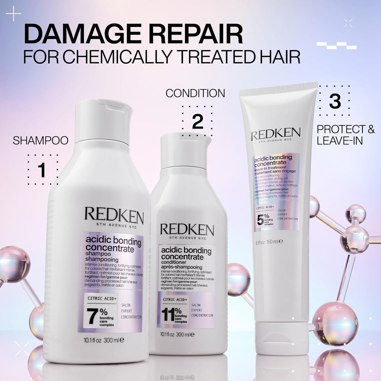 Redken Acidic Bonding Concentrate Shampoo, Conditioner & Treatment Set For Damaged and All Hair Types - Repair and Strengthen Weak Hair Bonds With Citric Acid