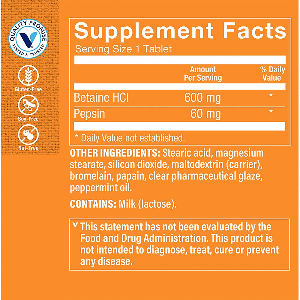 The Vitamin Shoppe Betaine HCL with Pepsin 600MG, to Support Digestion & Absorption of Nutrients (300 Tablets)