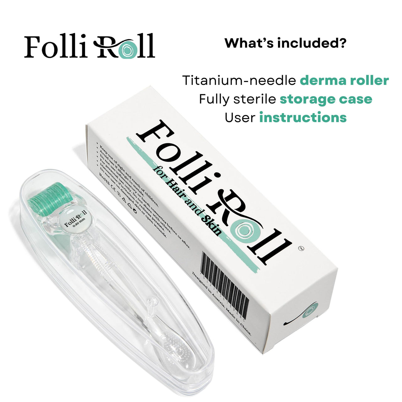 FolliRoll Derma Roller for HAIR and SKIN - for Face and Scalp Derma Stamp, 192 Titanium Individual Microneedles | FREE Storage Case | for Men and Women (Green, 0.30mm)