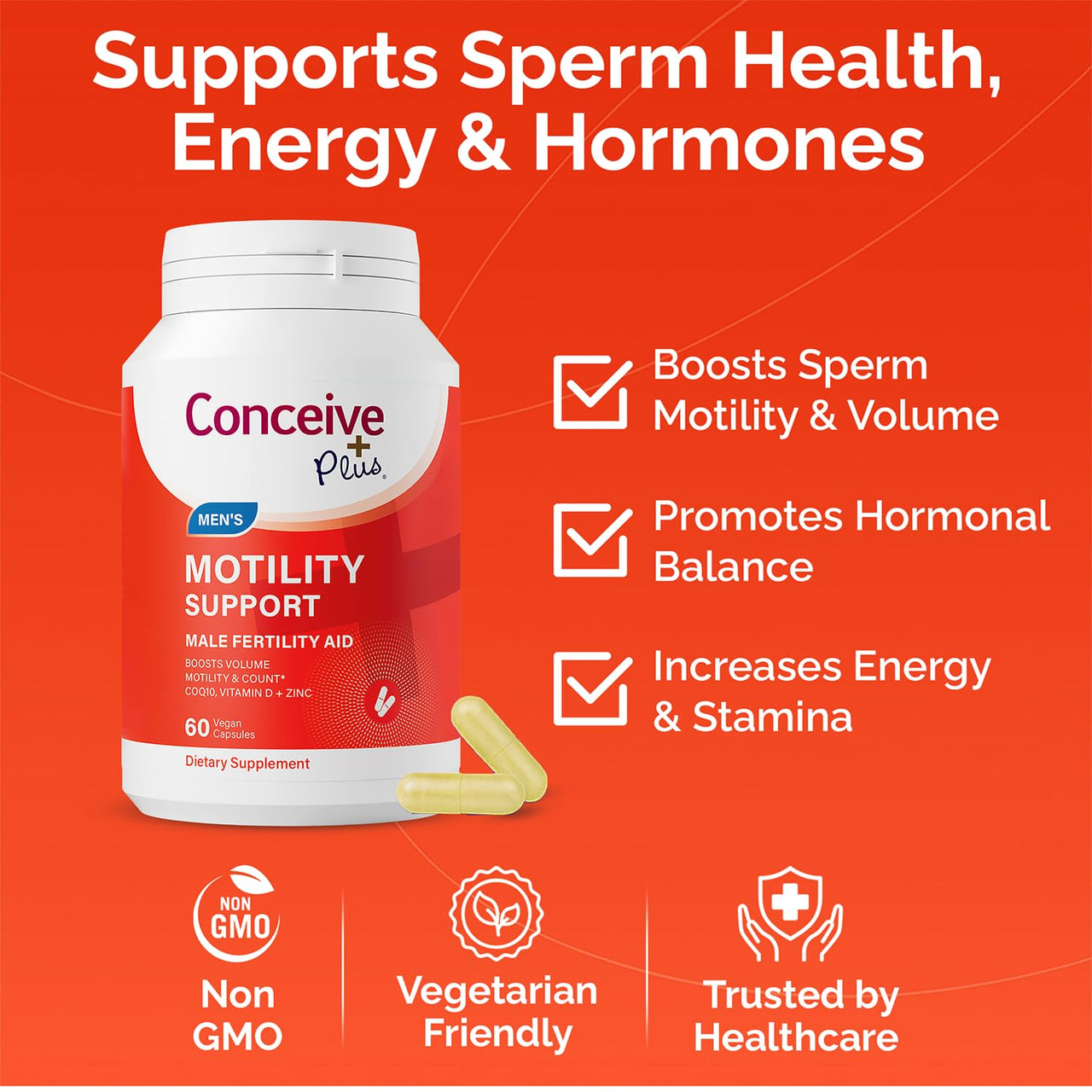 CONCEIVE PLUS Motility Support for Men | Boost Sperm Volume & Count | Spermidine Supplements with Vitamin D, E, Zinc, Antioxidants – Multivitamin Fertility Supplements for Men, 60 Caps