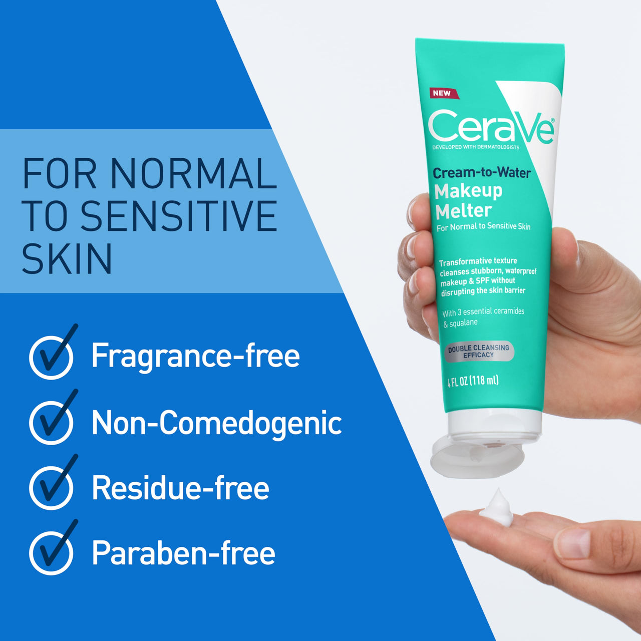 CeraVe Cream-to-Water Makeup Melter with Squalane & Ceramides, Facial Cleanser for Makeup Removal & Double Cleansing & 48h Hydration, Fragrance-Free, Safe for Sensitive Skin, 4 oz