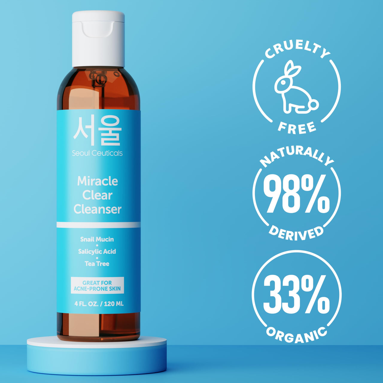 SeoulCeuticals Korean Acne Snail Cleanser Face Wash - Snail Mucin, Salicylic Acid & Tea Tree Acne Treatment for Sensitive Skin & K Beauty Glow 4oz