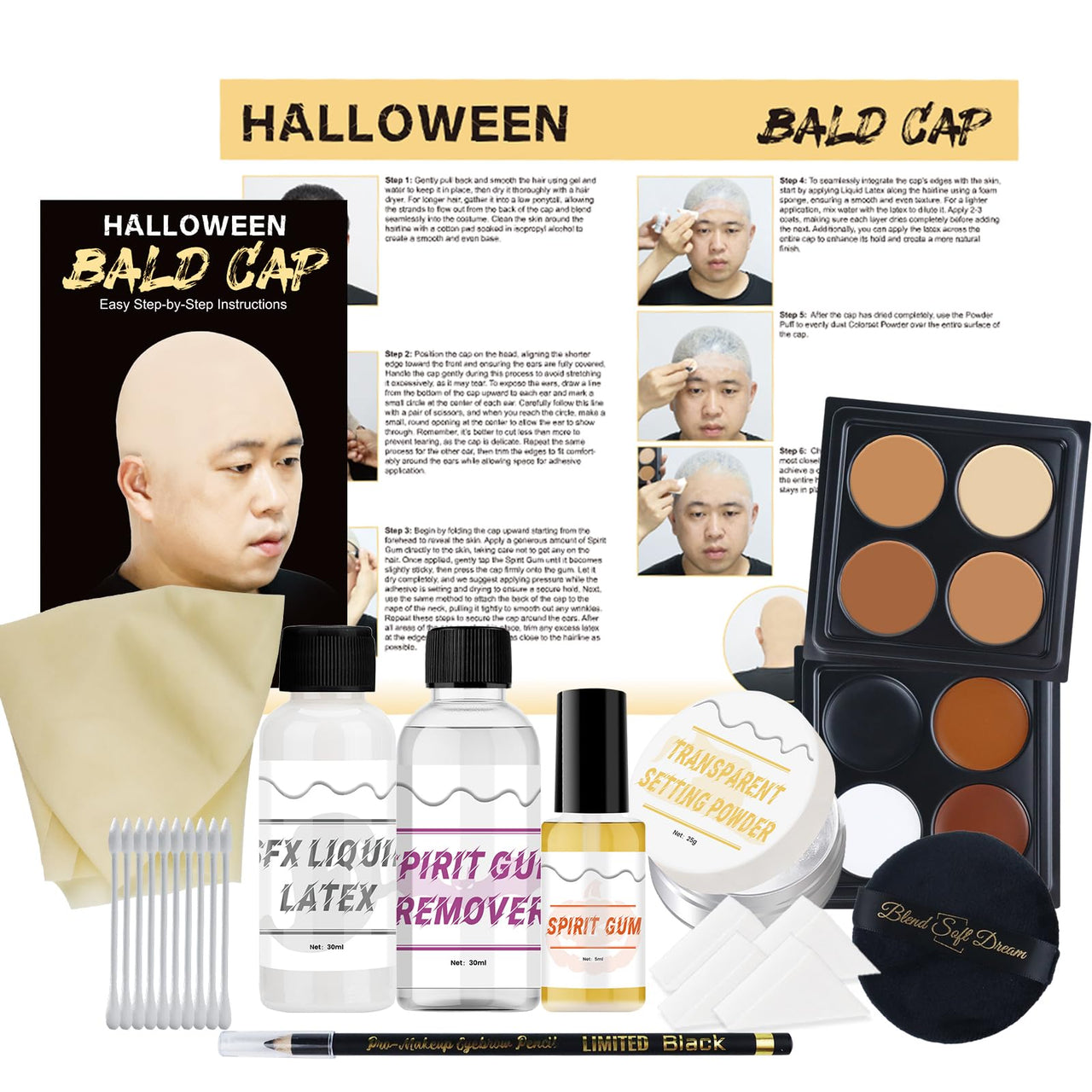 Actabostte Halloween Bald Caps Costume Kit for Woman & Men - Realistic Latex Bald Cap with Adhesive Glue & Remover - Complete Makeup Set for Halloween, Zombie, Cosplay, Costume, SFX, Dress-Up Party