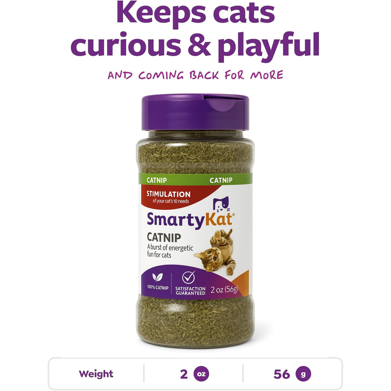 SmartyKat Natural Catnip Canister, 100% Natural Cat Nip for Cats, Premium Dried Catnip for Indoor Cats, Positive Training Aid for Play and Exercise, Resealable Shaker Bottle, 2 Ounces