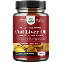 Thumbnail for Icelandic Wild Caught Cod Liver Oil Softgels - Fish Omega 3, EPA, DHA, Vitamin D & A, 1000mg Per Serving - Burpless Capsules for Heart, Joint, Brain & Immune Support - 100 Count