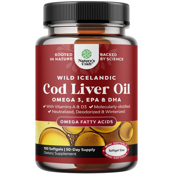 Icelandic Wild Caught Cod Liver Oil Softgels - Fish Omega 3, EPA, DHA, Vitamin D & A, 1000mg Per Serving - Burpless Capsules for Heart, Joint, Brain & Immune Support - 100 Count