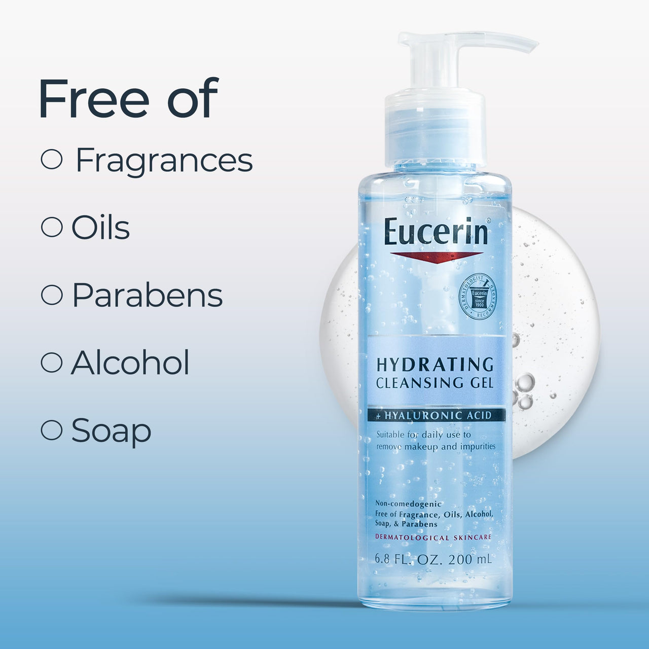 Eucerin Hydrating Cleansing Gel, Daily Face Wash and Makeup Remover Formulated with Hyaluronic Acid, 6.8 Fl Oz Bottle