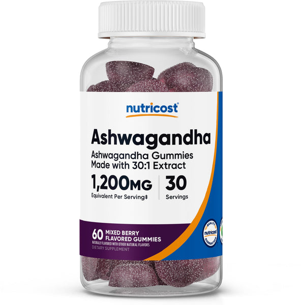 Nutricost Ashwagandha Gummies (Mixed Berry) 1,200mg Equivalent from 40mg of 30:1 Extract Per Serving, 60 Gummies for 30 Servings Per Bottle - Vegetarian, GMO Free and Gluten Free
