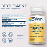 Thumbnail for SOLARAY Vitamin E 400 IU (268mg), Dry Form with Mixed Tocopherols Vitamin E - Antioxidant Supplement, PMS and Menopause Support - 60-Day Guarantee, Lab Verified - 50 Servings, 50 Capsules