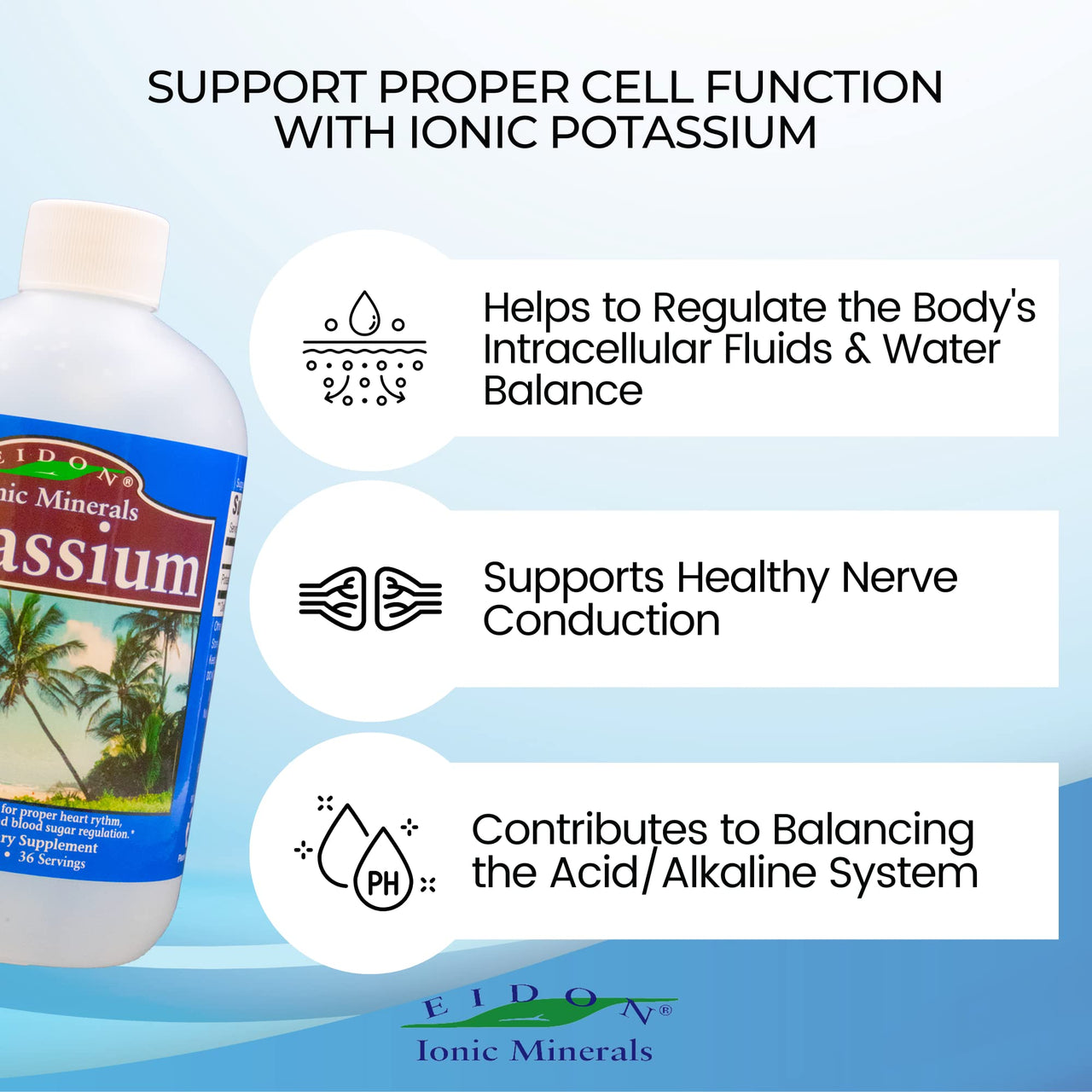 Eidon Liquid Potassium Supplement - Potassium Chloride Drops for Women & Men, Essential Electrolyte for Cell Function, Bioavailable Ionic Minerals, All Natural, No-Preservatives, Gluten Free - 18 oz