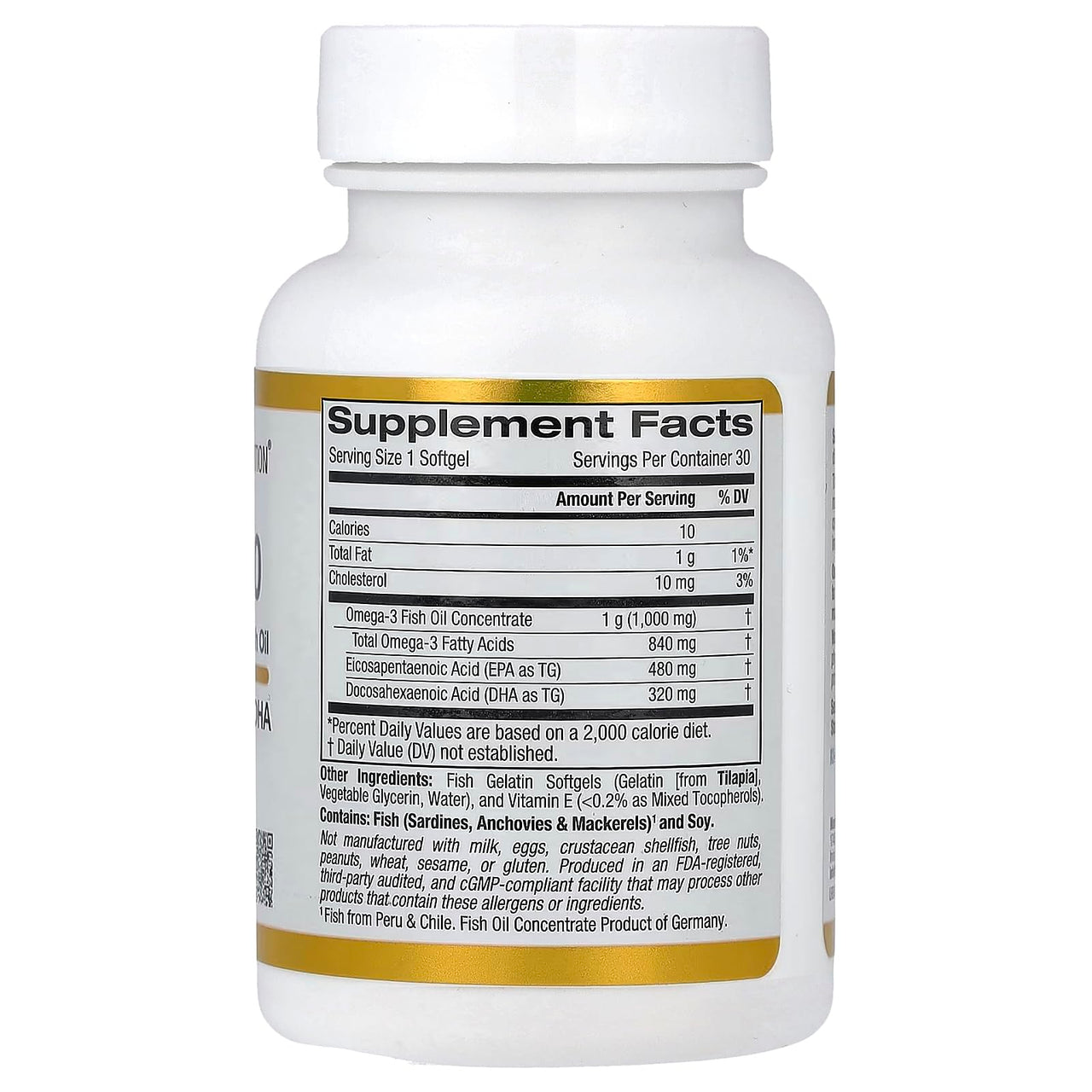 Madre Labs California Gold Nutrition Omega 800 Ultra-Concentrated Omega-3 Fish Oil, kd-pur Triglyceride Form, 1,000 mg, 30 Fish Gelatin Softgels