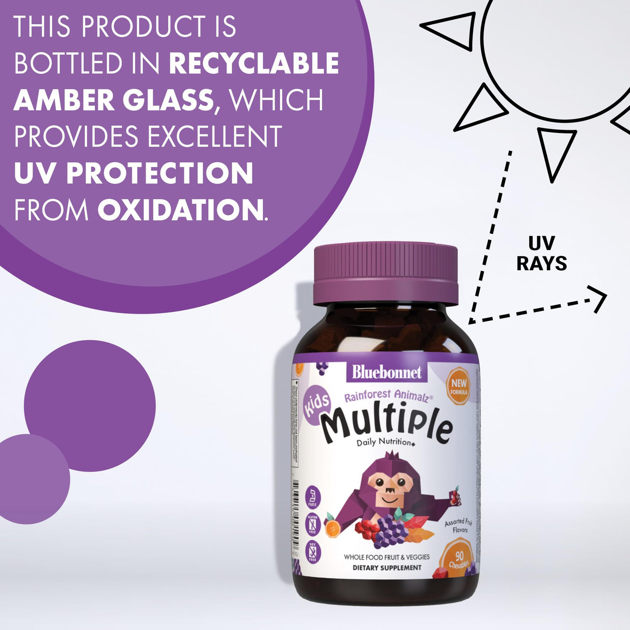 Bluebonnet Nutrition Rainforest Animalz Whole Food Based Multiple Chewable Tablet, Kids Multivitamin & Mineral, Vitamin C, D3, Iron, Gluten Free, Milk Free, Kosher, 180 Chewable Tablets, Mixed Flavor