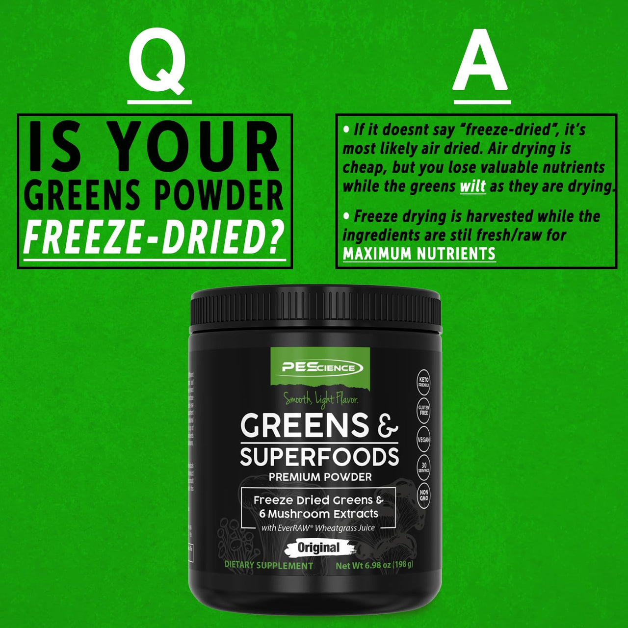 PEScience Greens Powder Superfood with Natural Chlorophyll, Reishi & Turkey Tail Mushroom Powders, Freeze-Dried Kale, Spinach, Broccoli Sprouts with Antioxidants - Original Flavor, 30 Servings