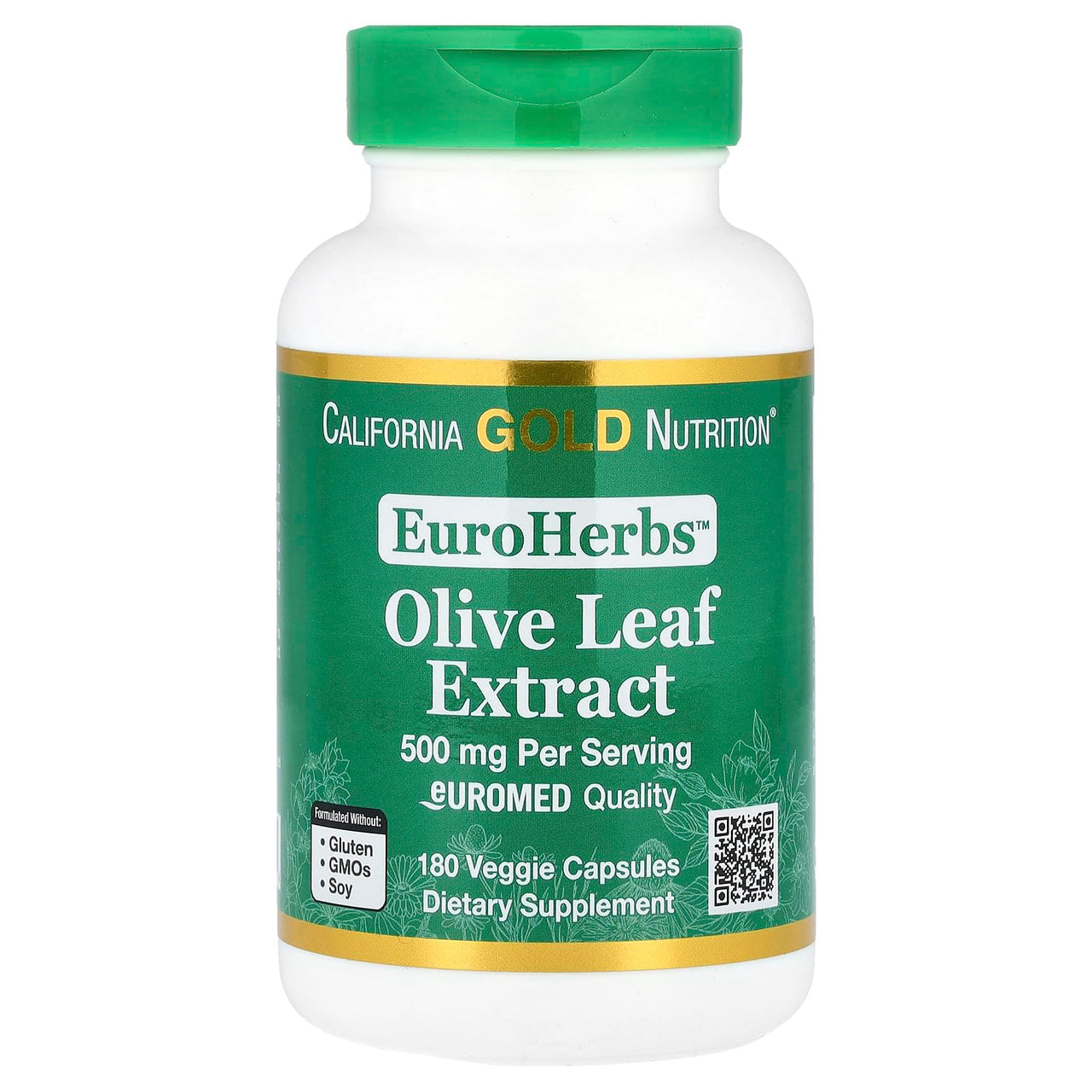 California Gold Nutrition Olive Leaf Extract 500 mg, 18% Oleuropein, European Quality Processed in Spain, 180 Veggie Capsules, EuroHerbs