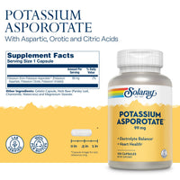 Thumbnail for Solaray Potassium Asporotate Chelated Supplement, Electrolyte Balance & Heart Health Support, 100 Servings, 100 Capsules