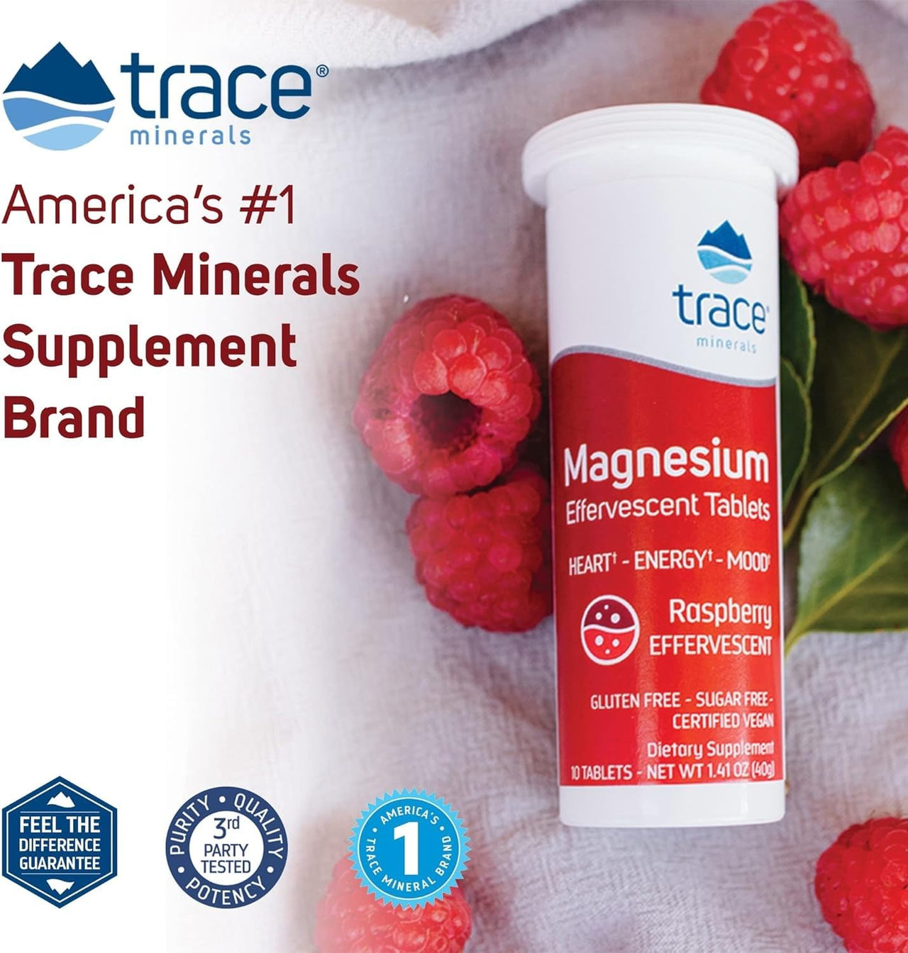 Trace Minerals Magnesium Effervescent - Healthy Heart & Energy Support Supplement - Natural Magnesium Supplement to Aid Healthy Sleep - Gluten-Free Health Supplement - Raspberry, 8 Tubes (80 Servings)
