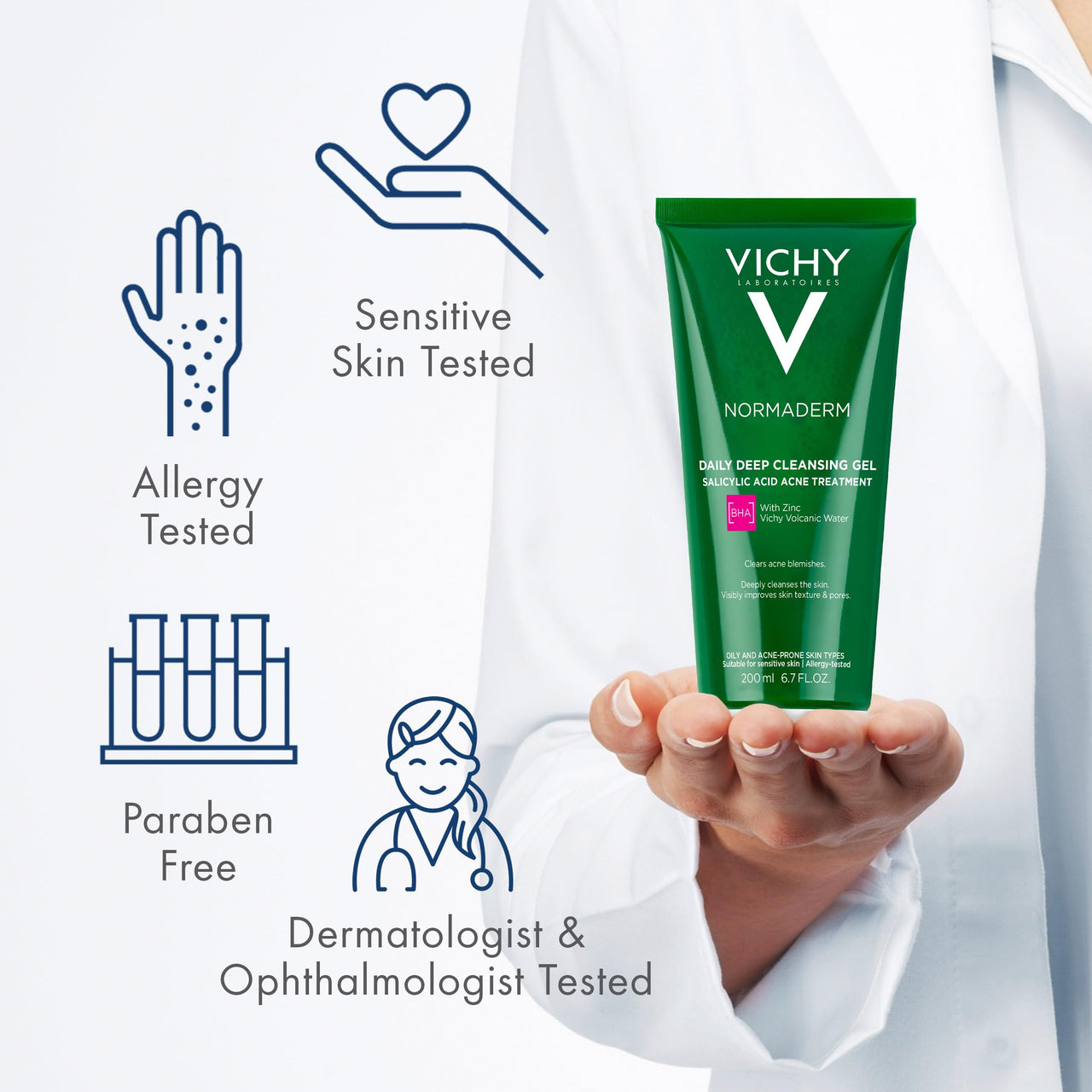 VICHY Normaderm Daily Acne Face Wash, 0.5% Salicylic Acid Cleanser, Gel Cleanser For Oily Skin, Removes Excess Oil, Dirt & Clogged Pores, Oil Free Acne Wash, Soap & Sulfate Free, Non-Drying
