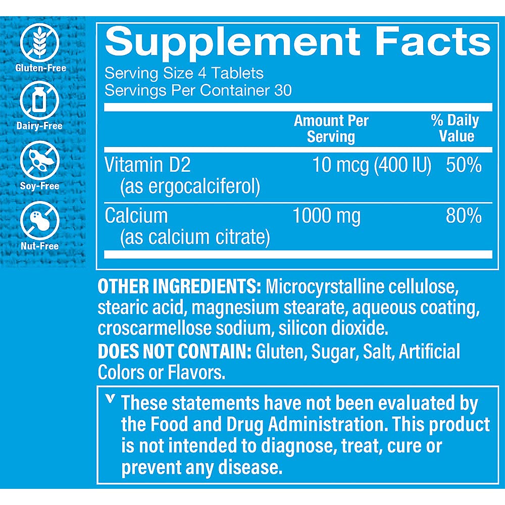Calcium Citrate with 400IU Vitamin D – Mineral Essential for Healthy Bones & Teeth – 100% Daily Value of Well Absorbed Form of Chelated Calcium, Vitamin D (as Ergocalciferol (120 Tablets)