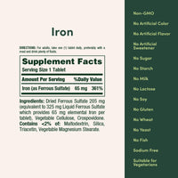 Thumbnail for Nature's Bounty Iron 65mg, 325 mg Ferrous Sulfate, Cellular Energy Support, Promotes Normal Red Blood Cell Production, 100 Tablets