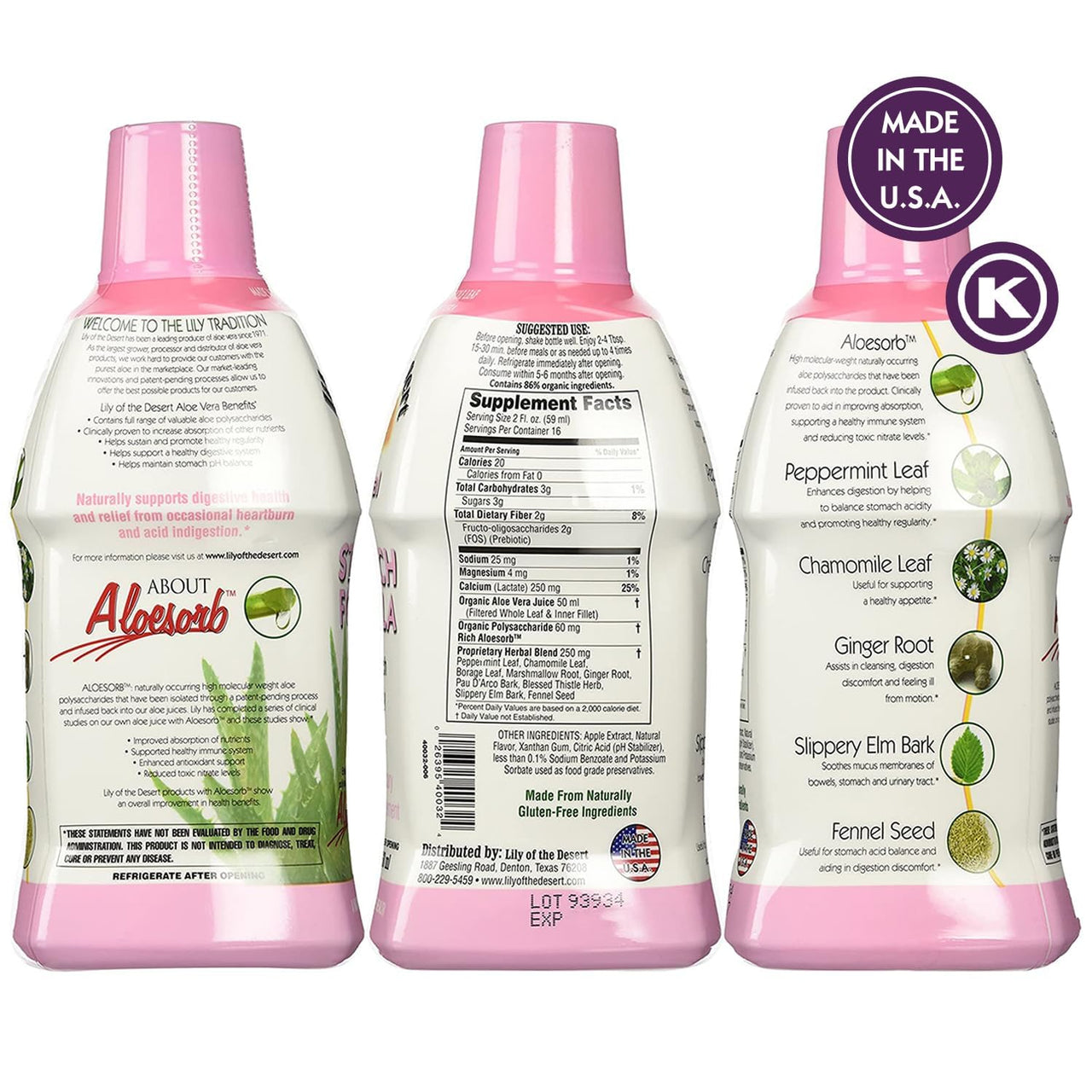 Lily of The Desert Stomach Formula, Organic Aloe Vera Juice with Slippery Elm, Chamomile, Peppermint, and Ginger for Gut Health, Acid Reflux, Heartburn Relief, 32 Oz, Gelly Sachet Included,1