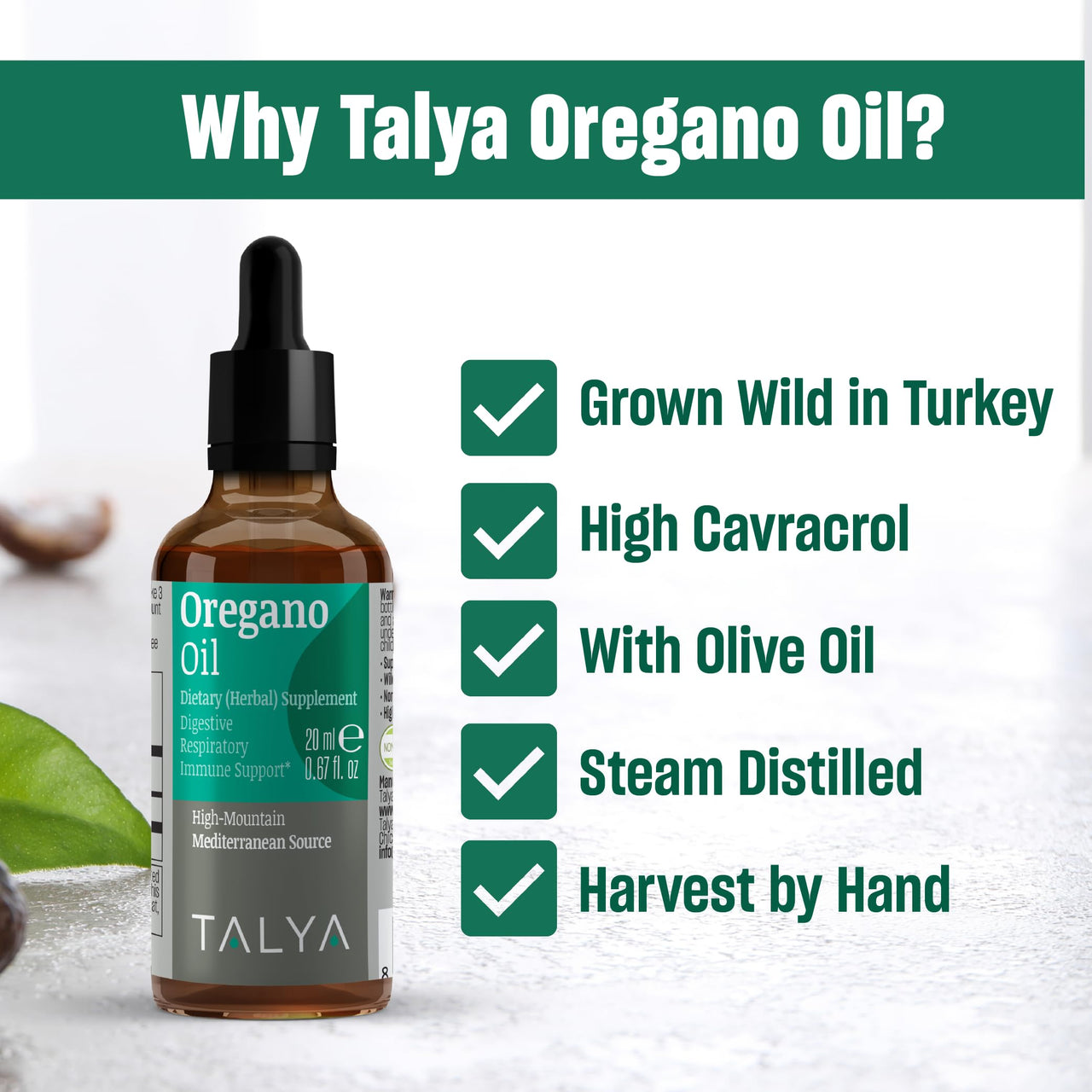 TALYA Oregano Oil 0.67 fl.oz | Oil of Oregano Liquid | Immune Support, High Carvacrol, Digestive Health | Non-GMO | Vegan | Mediterranean Oregano