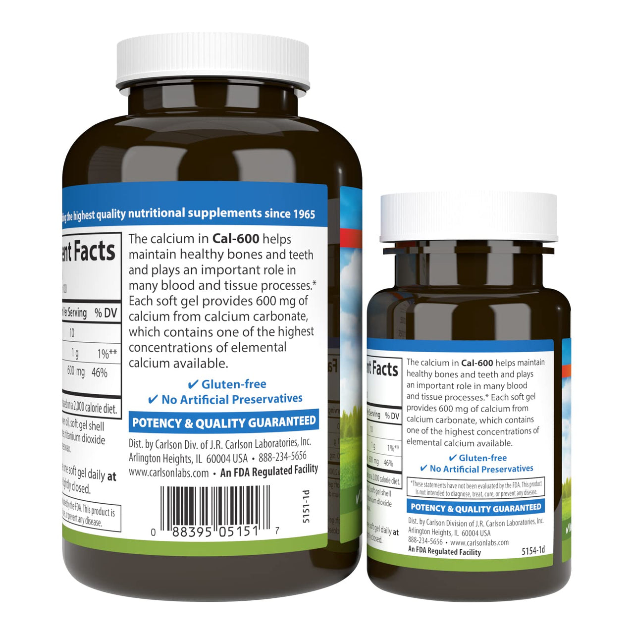 Carlson - Cal-600, 600 mg Calcium, Bone Support, Healthy Teeth & Optimal Wellness, 100+30 Softgels
