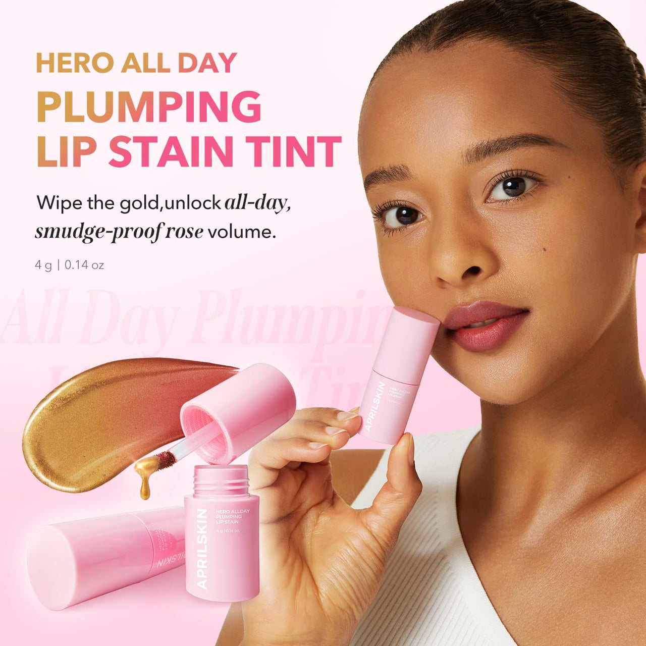APRILSKIN Hero All Day Plumping Lip Stain | 24H Long-Lasting | Quick Visible Plumping for Fuller-Looking Lips | Smudge-Proof & Transfer Proof Wipe-Off Tint | Natural Rose | 0.14oz