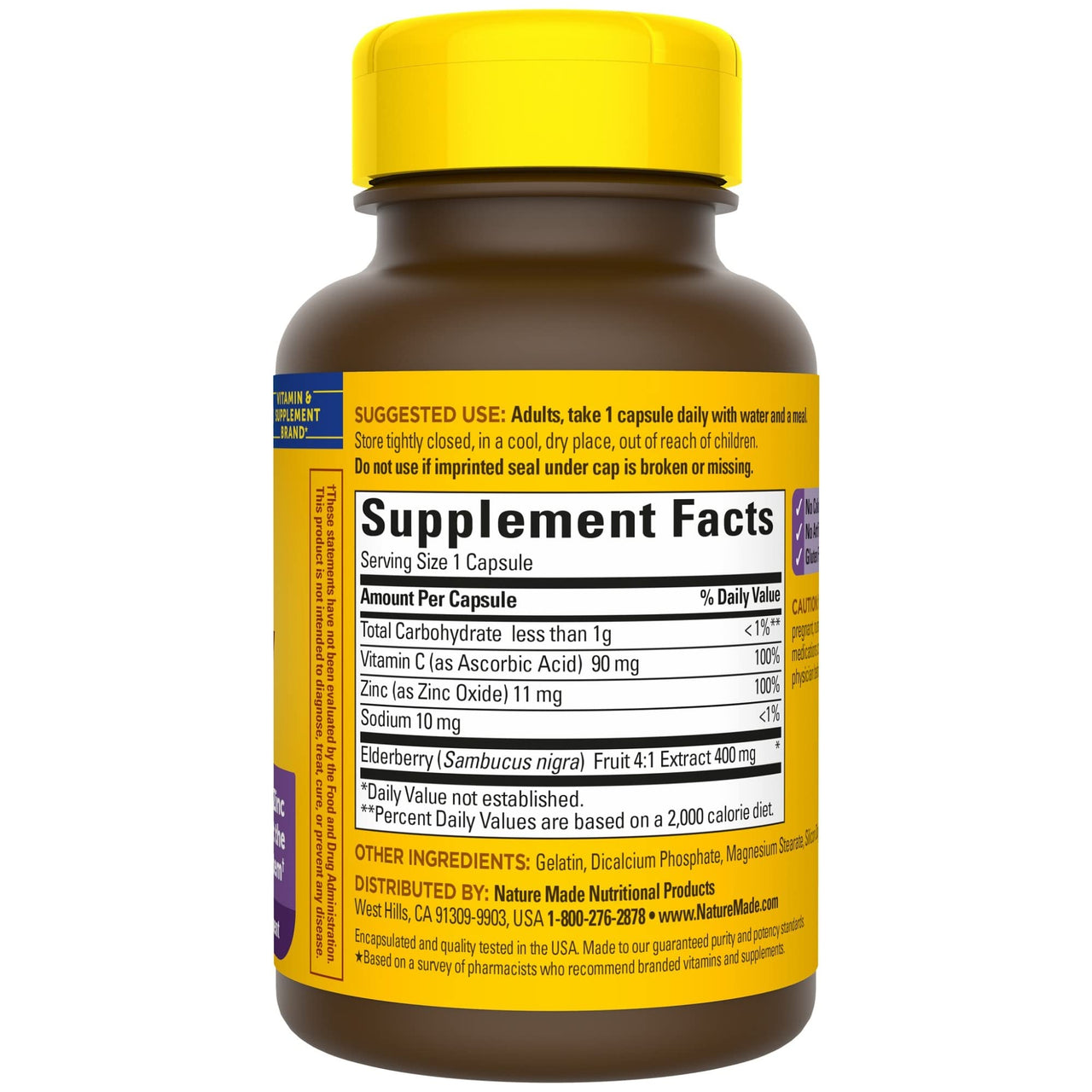 Nature Made Elderberry, Vitamin C and Zinc Capsules, 400 mg Elderberry Extract, Dietary Supplement for Immune Support, 60 Capsules, 60 Day Supply