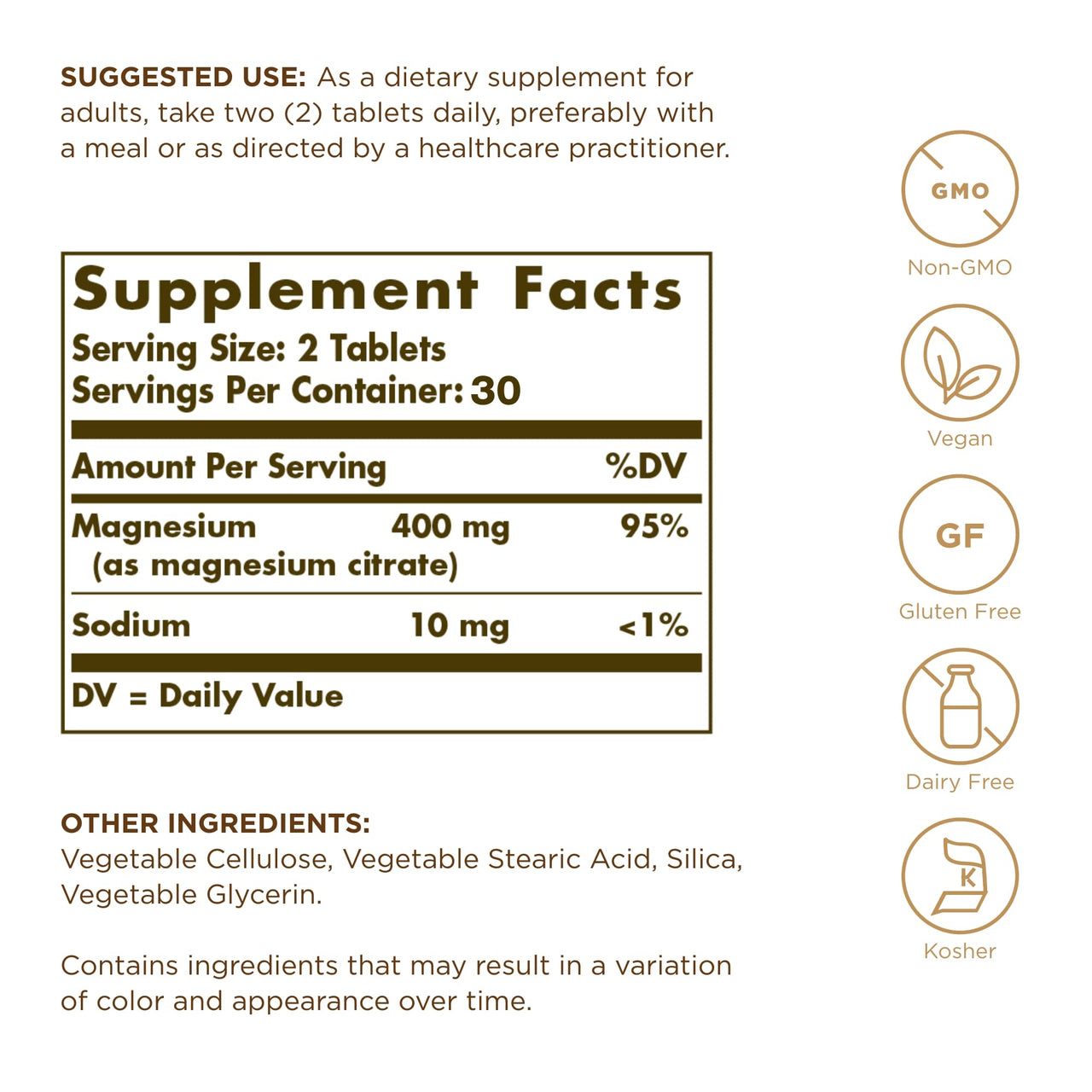 Solgar, Magnesium Citrate 60 Tabletss Prop 65