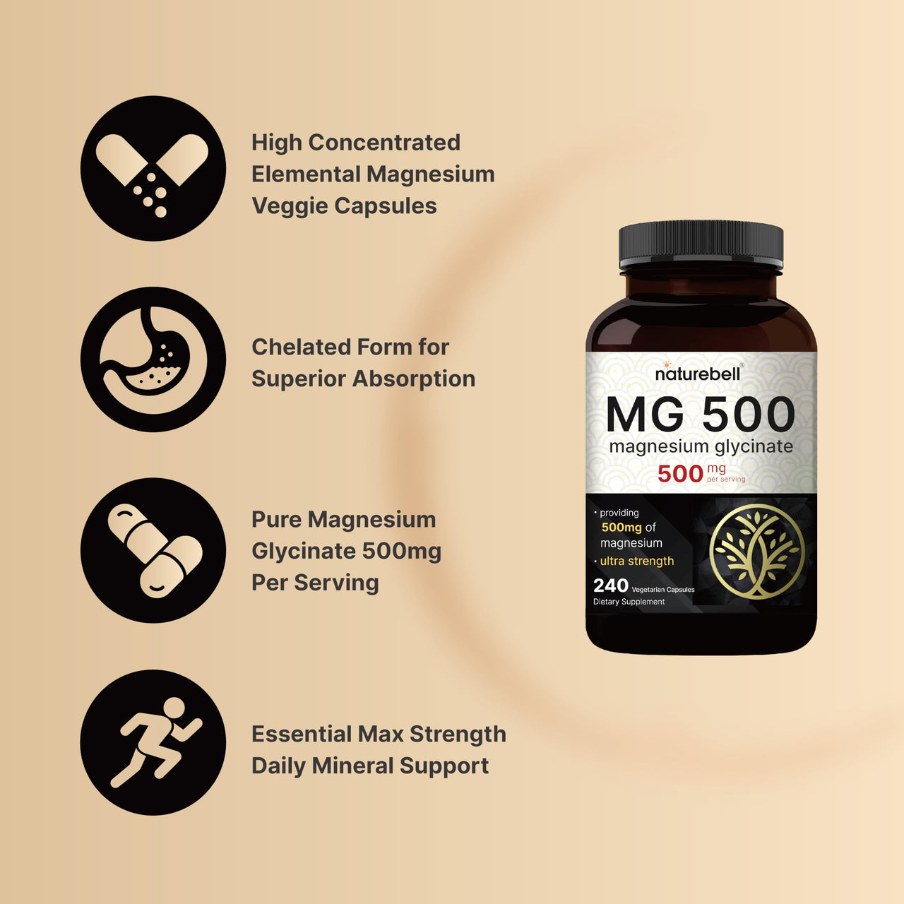 NatureBell Magnesium Glycinate 500mg, 240 Capsules | 100% Chelated & Purified | Sleep, Muscle & Nerve Support | Non-GMO, Gluten-Free