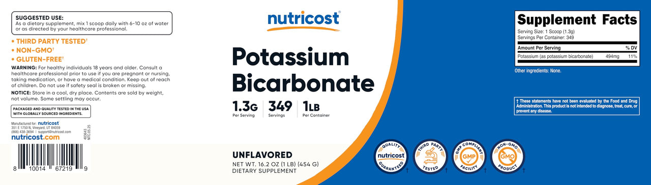 Nutricost Potassium Bicarbonate Powder 1 LB - Gluten Free, Non-GMO