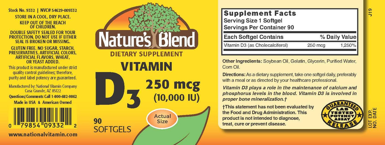 Nature's Blend Vitamin D3 250 MCG (10,000 IU), 90 SOFTGELS