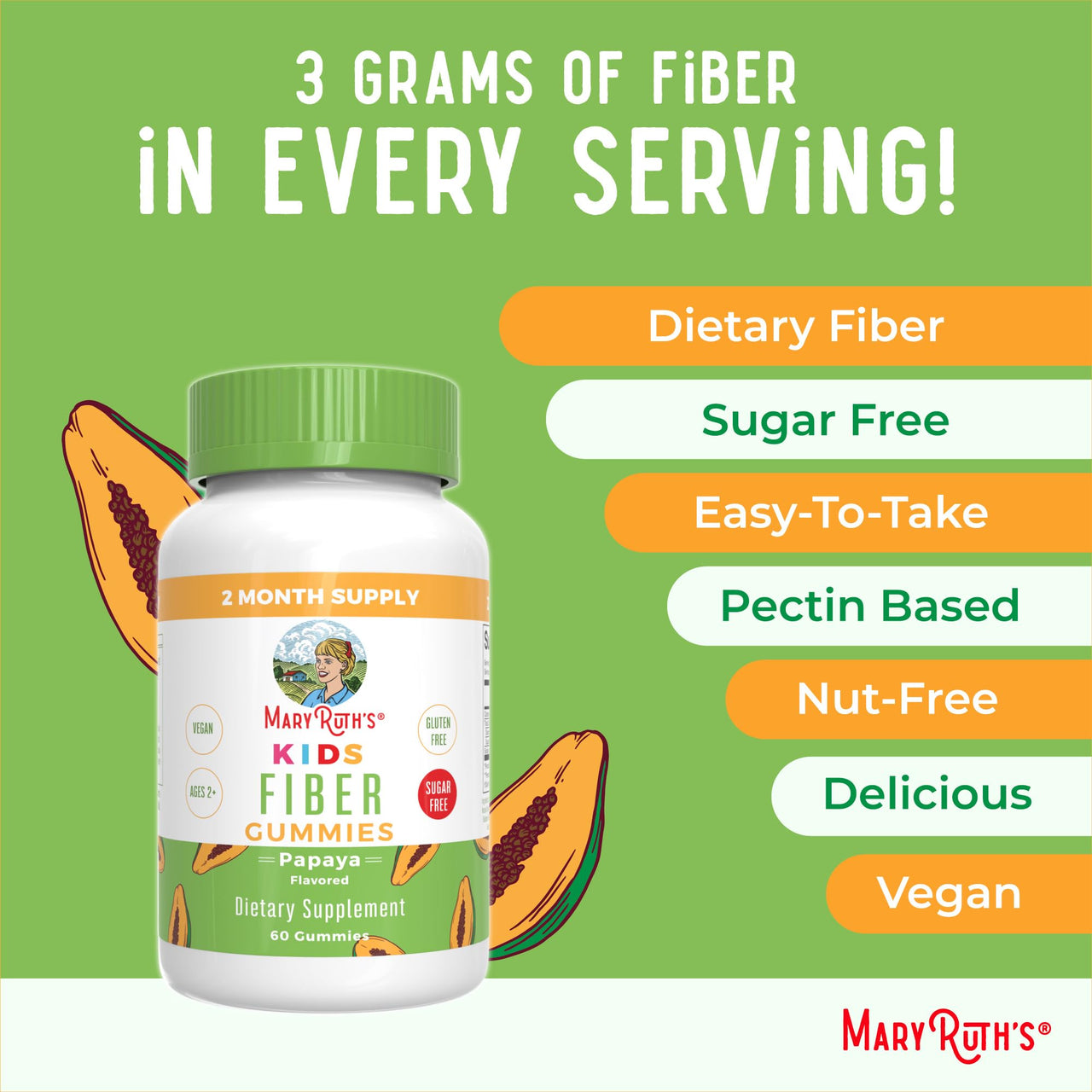 MaryRuth Organics Fiber Gummies for Kids | 2 Month Supply | Sugar Free | Soluble Fiber Supplement | Gut Health & Digestion Support | 3g Fiber per Gummy | Vegan | 60 Count